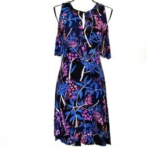Anthropologie Maeve Elia Dress Size 4 Black Blue Midi Tropical Flutter Floral